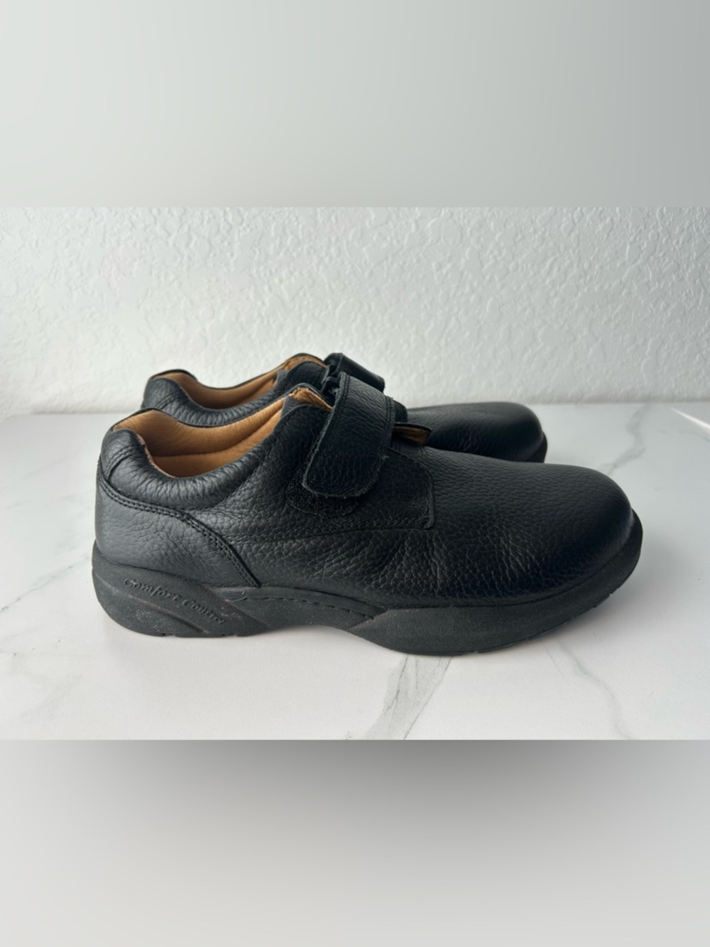 Men's Dr. Comfort Black Leather Slip-On Comfort Loafers with Adjustable Strap